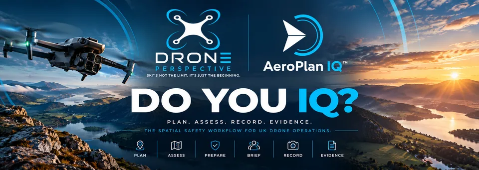 Drone Perspective and AeroPlan IQ brand banner over a sunset valley